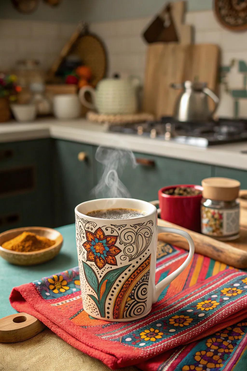 Explore global artistry with coffee cups adorned with beautiful cultural patterns.