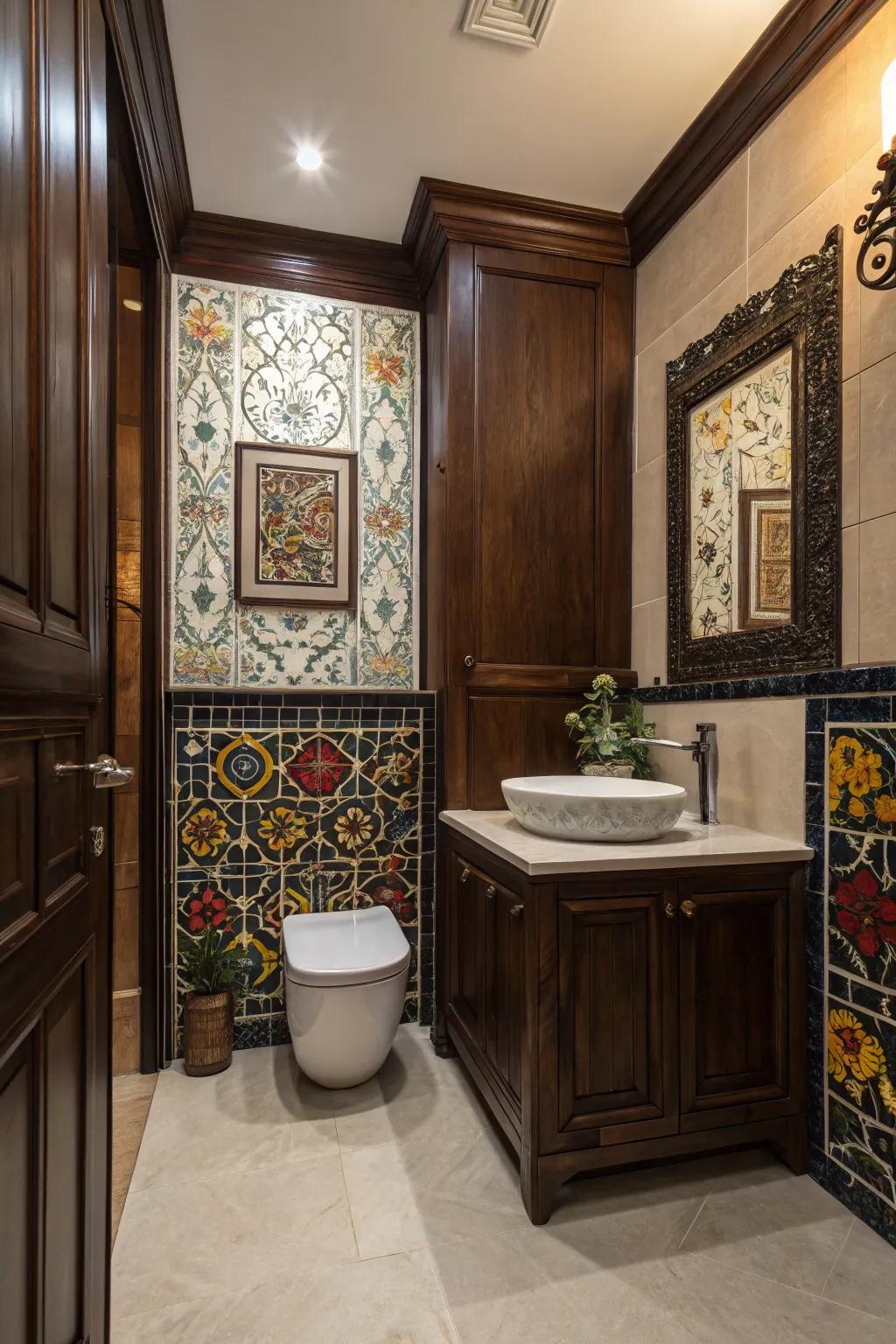 Artistic tiles add an unexpected flair to the dark wood bathroom.