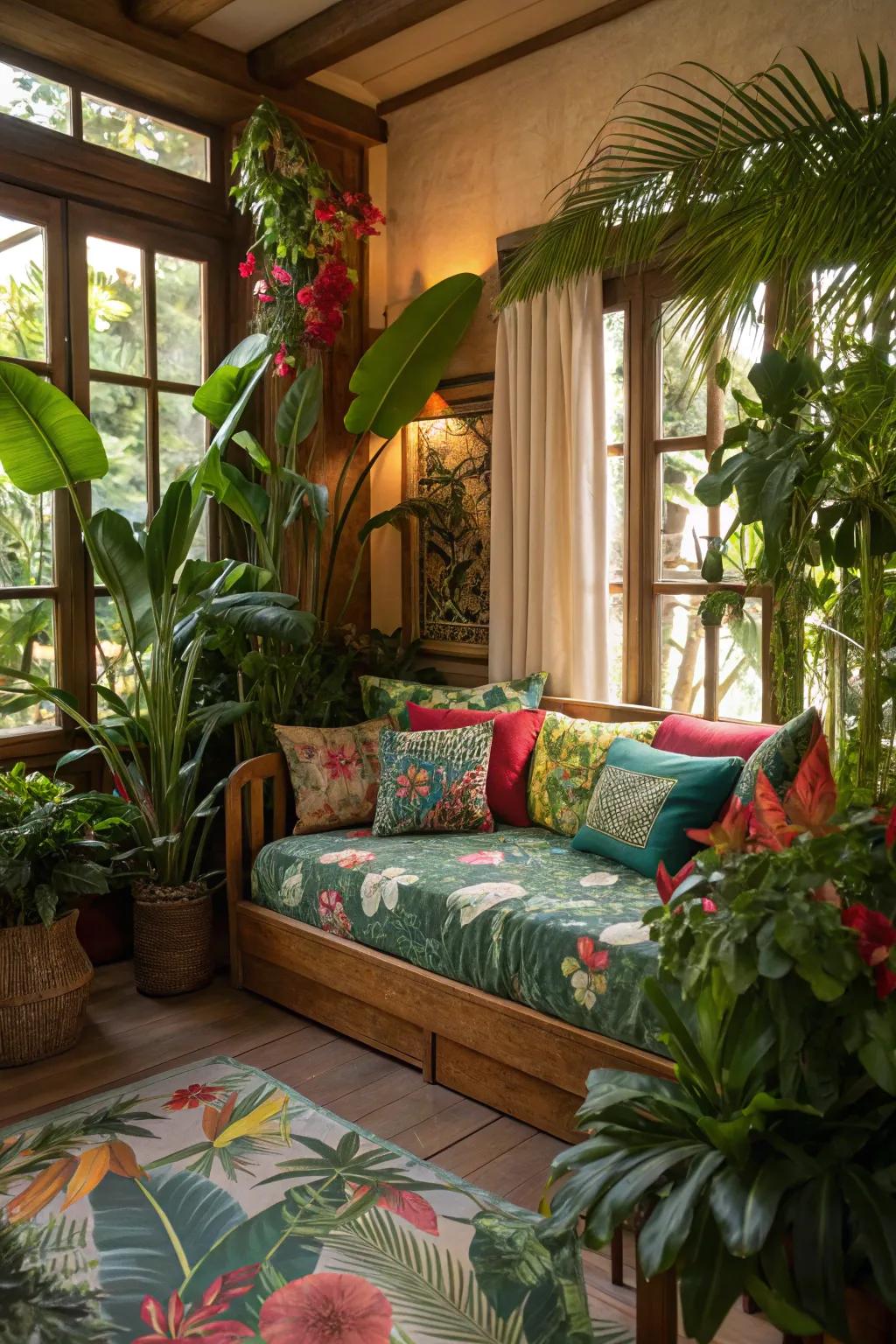 A tropical escape within your home, featuring a daybed surrounded by greenery.