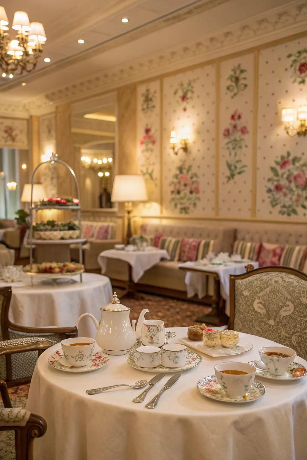 A tea room dining area adds elegance to intimate gatherings.