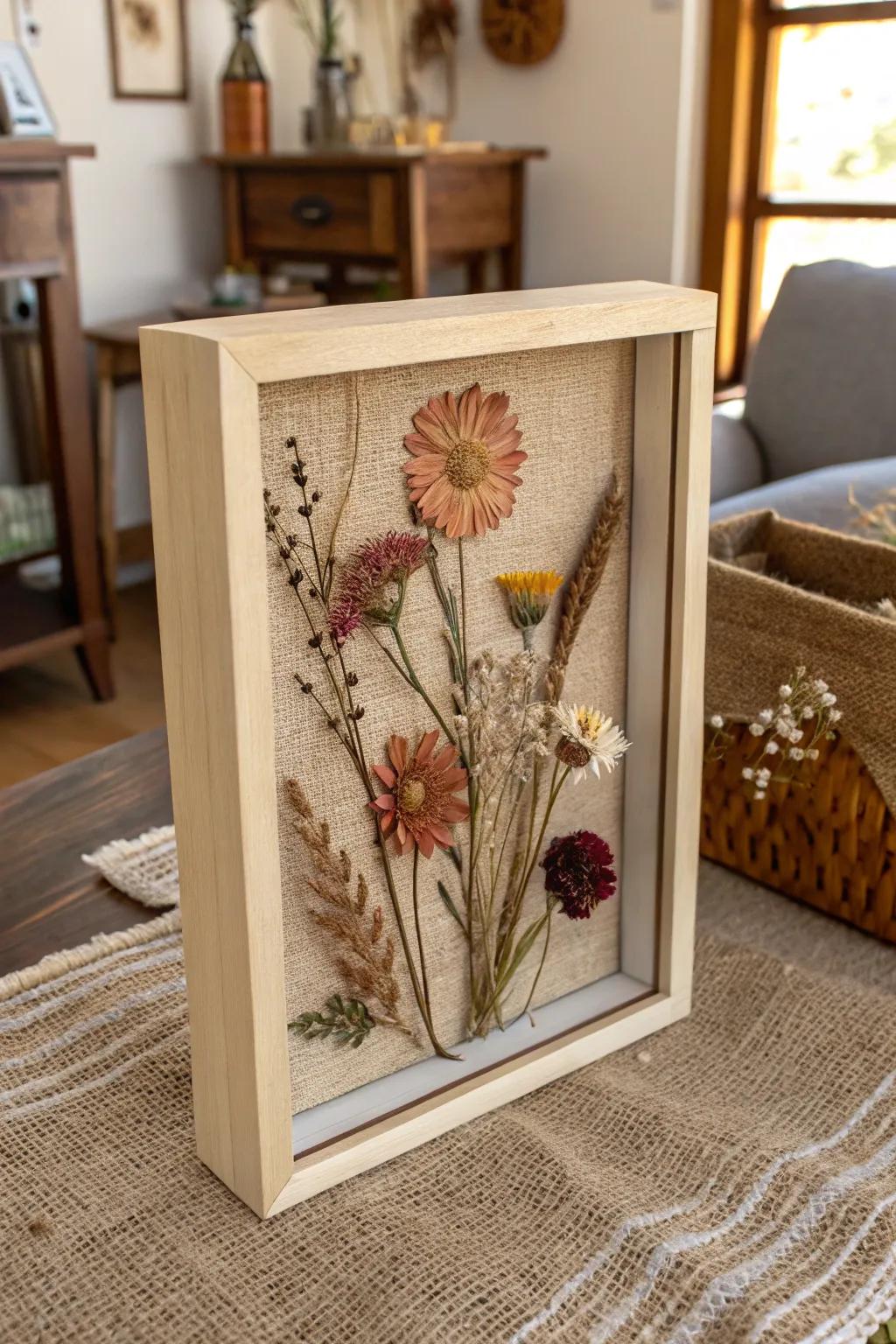 Enhance your decor with textured backgrounds in dried flower shadow boxes.