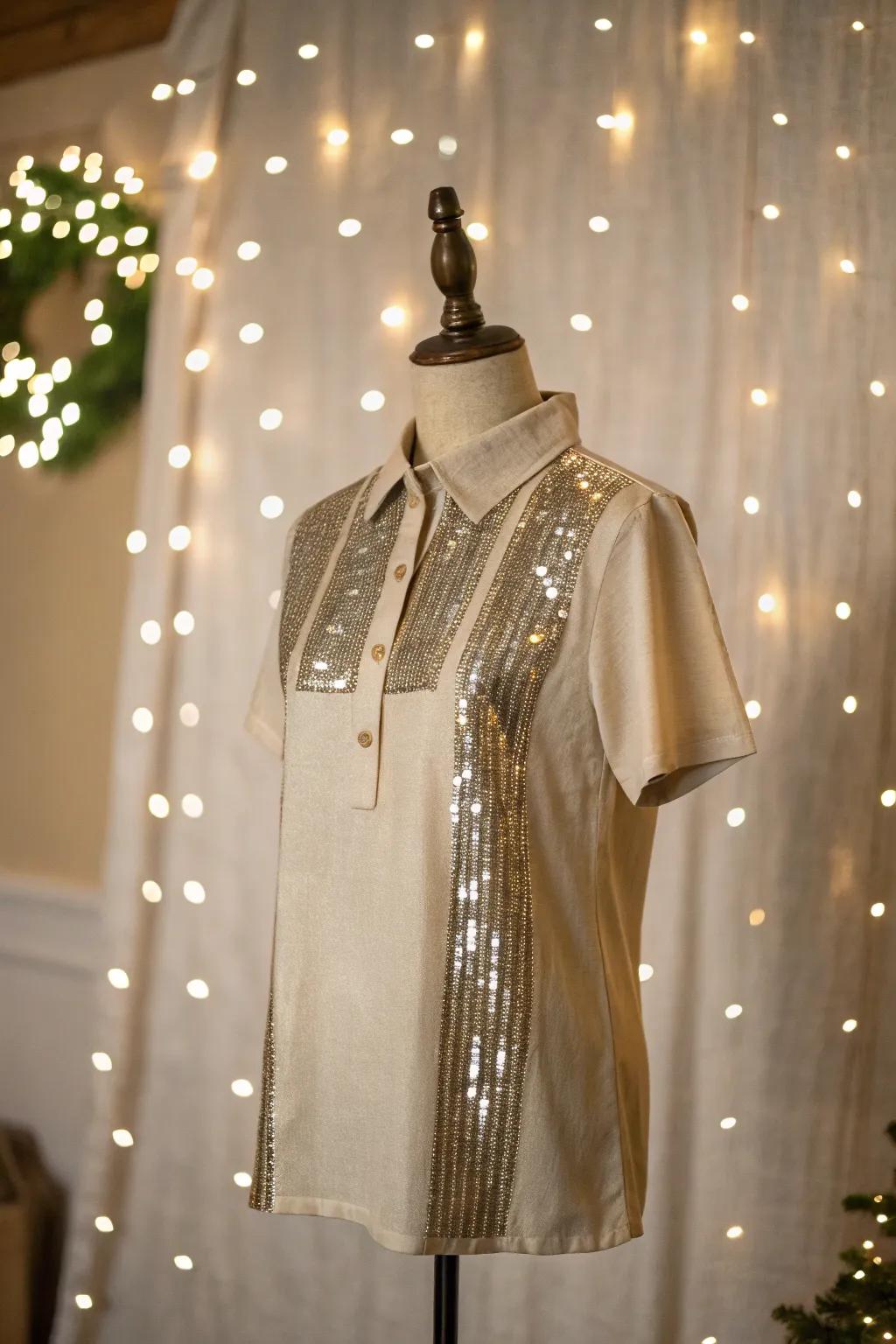 Shiny material highlights add unexpected glam to autumn shirts.