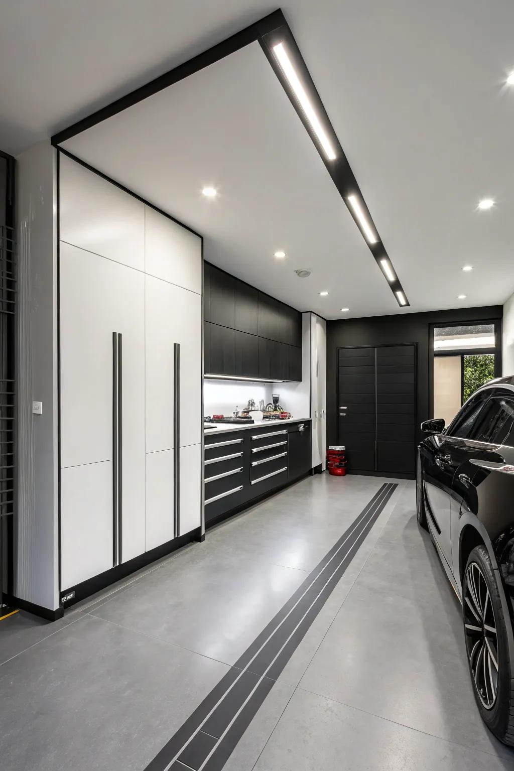 Black and white offers a timeless and sophisticated garage aesthetic.