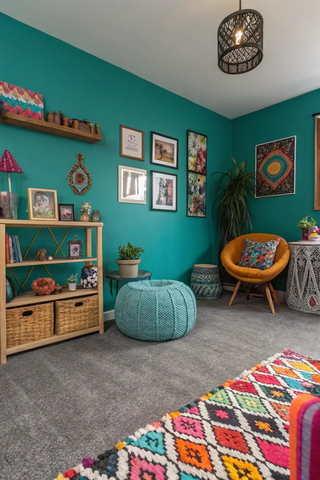 Teal walls create a vibrant and dynamic backdrop with grey carpets.