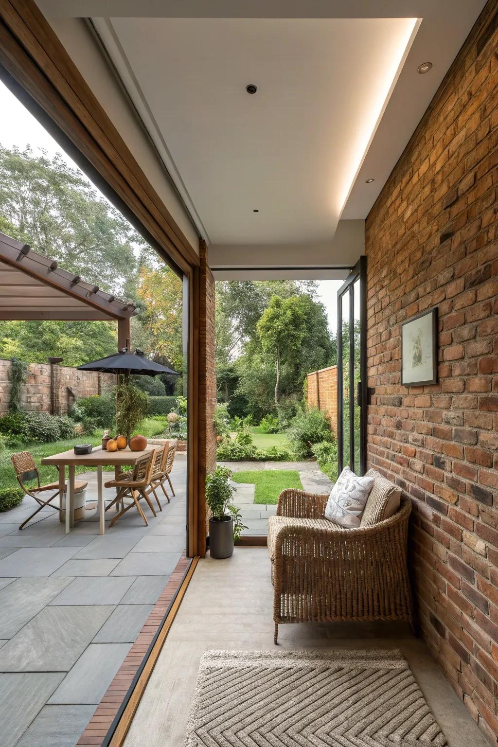 A seamless indoor-outdoor blend with a brick wall connecting the interior to a patio.