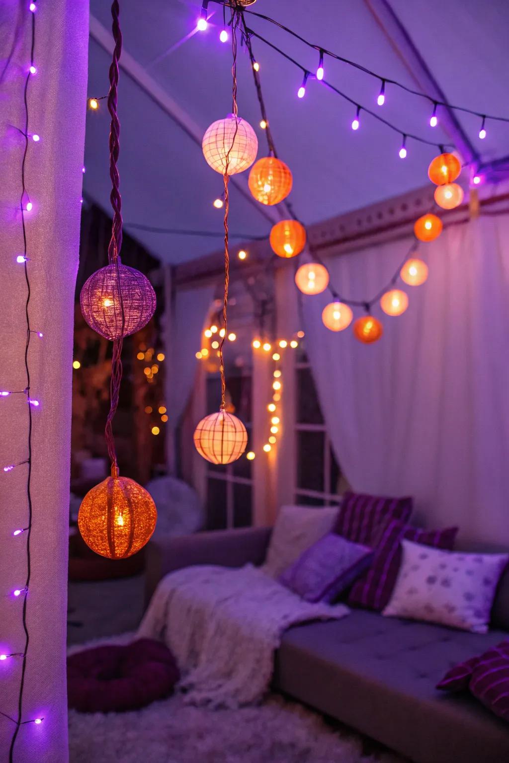 Violet and orange string illuminations emit a magical, festive glimmer