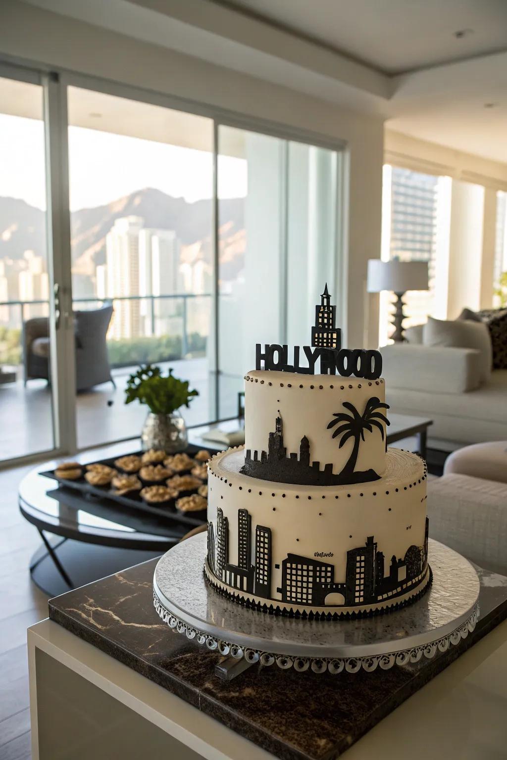 A Hollywood skyline cake brings the vibrant cityscape to your celebration.