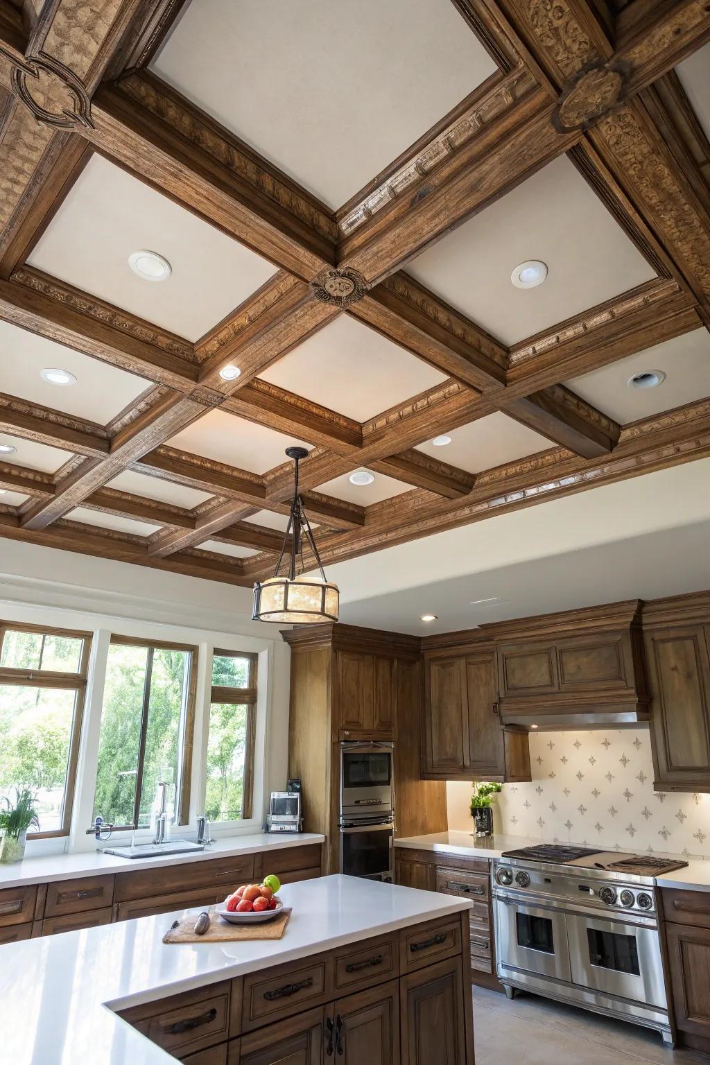 A distinctive ceiling design adds architectural flair.