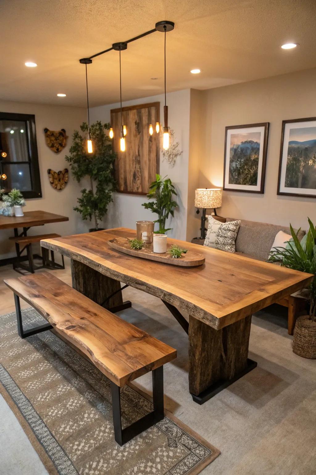 Live edge furniture creating a cohesive nature-inspired theme in the dining room.