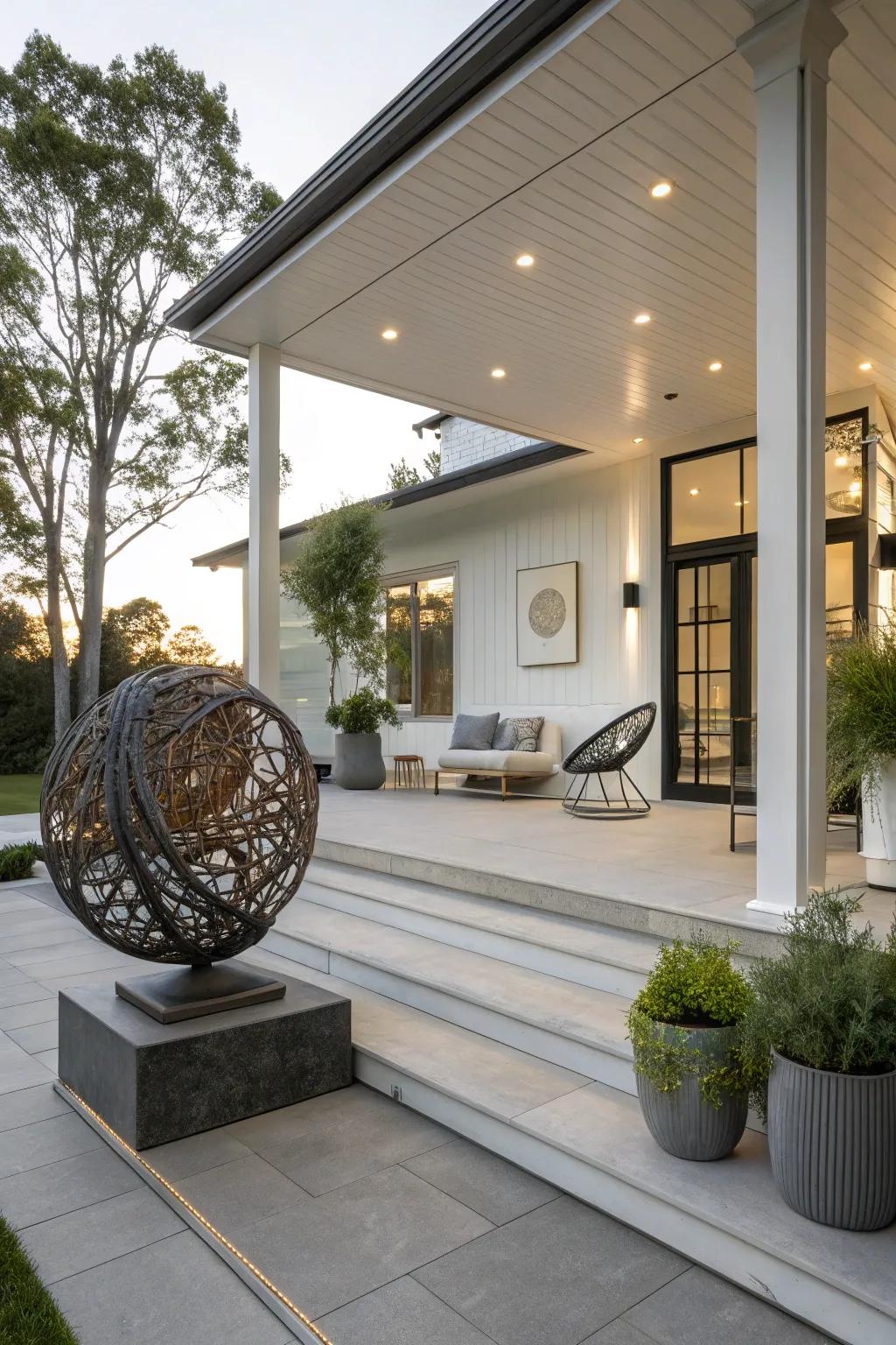 Outdoor art adds personality and intrigue to a modern porch.