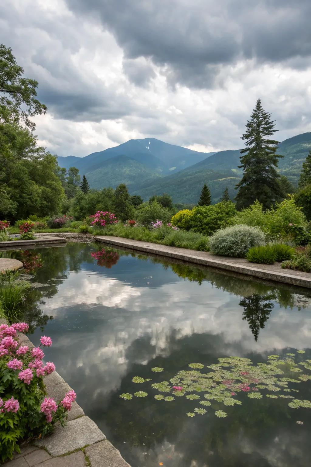 A serene reflective pond mirroring the surrounding beauty.