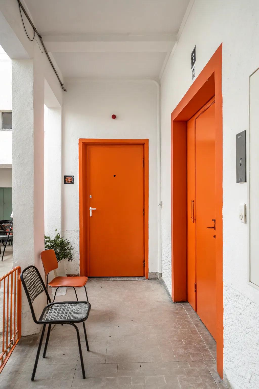 A bold orange door and white walls that create a welcoming entryway.