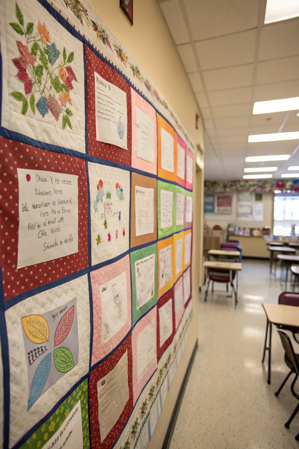 A Kindness Quilt bulletin board with a collaborative paper quilt.