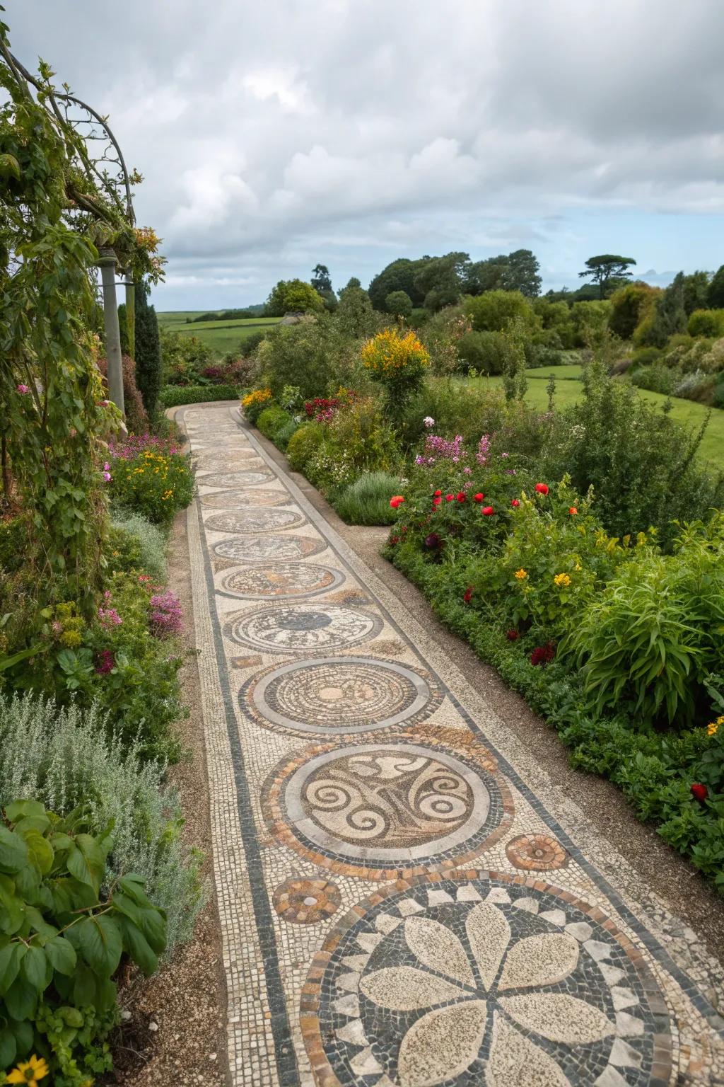 Pebble mosaic routes turn gardens into art.