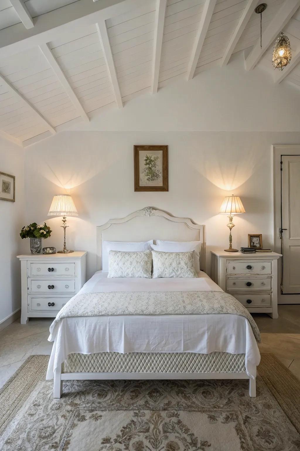 Symmetrical arrangements create harmony in a white bedroom.