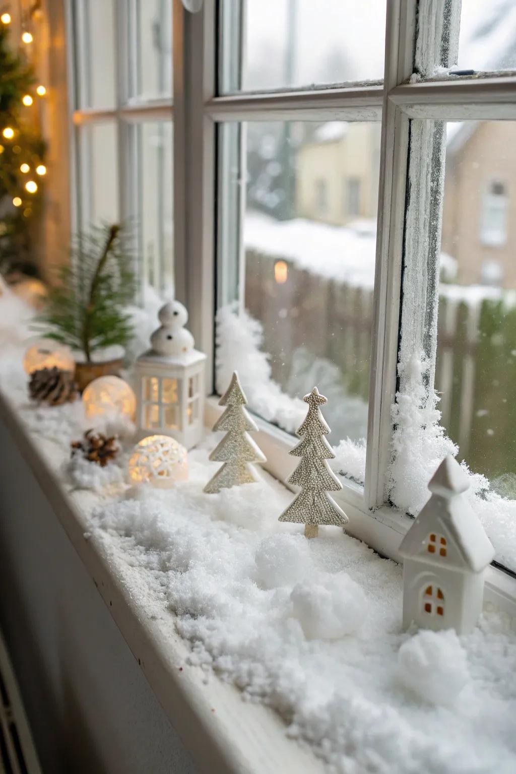 A snowy window scene brings whimsical winter charm indoors.