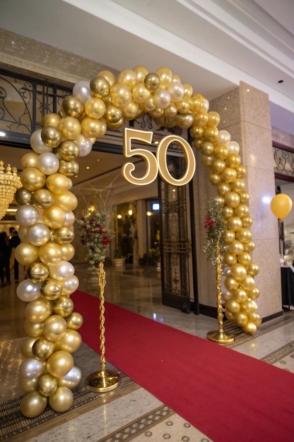 A captivating golden balloon arch welcoming guests to the celebration.