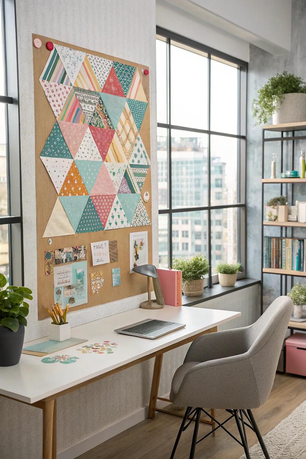 Geometric patterns on a bulletin board using vibrant washi tape.