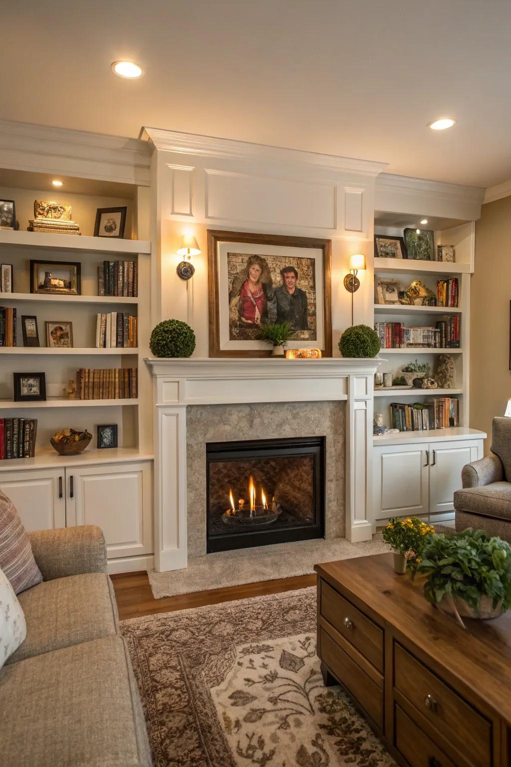 Built-in shelves accent the fireplace, adding storage and flair.