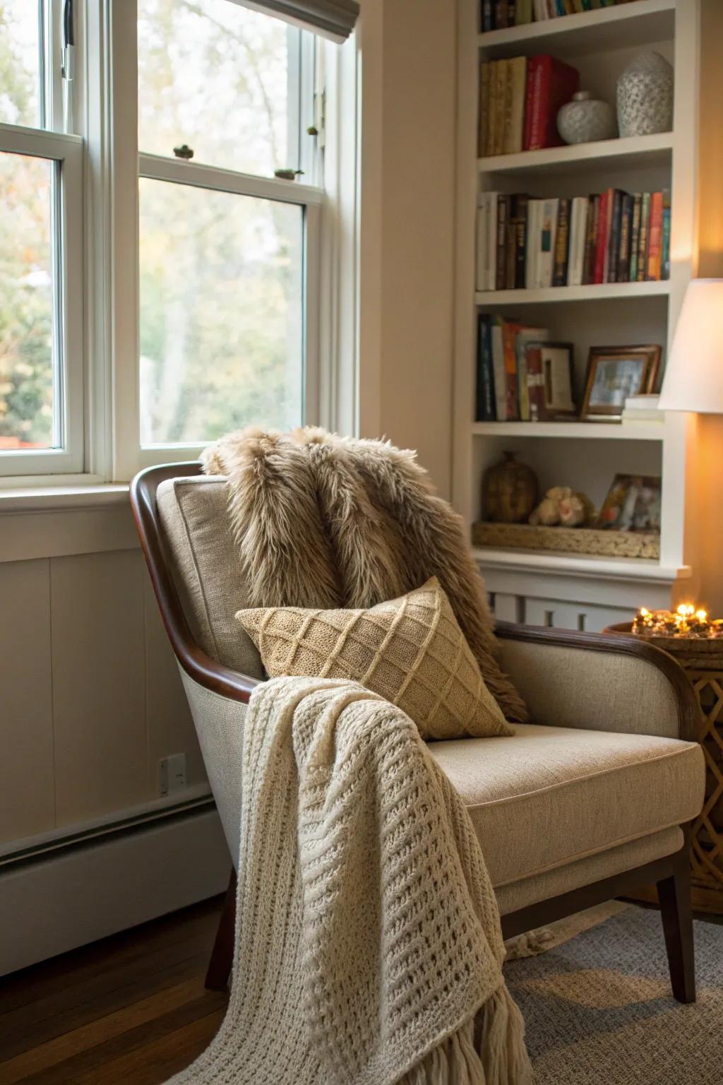 Textured coverings and pillows to achieve an inviting winter aesthetic