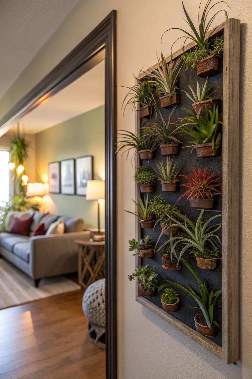 A vertical garden of air plants serves as living wall art.