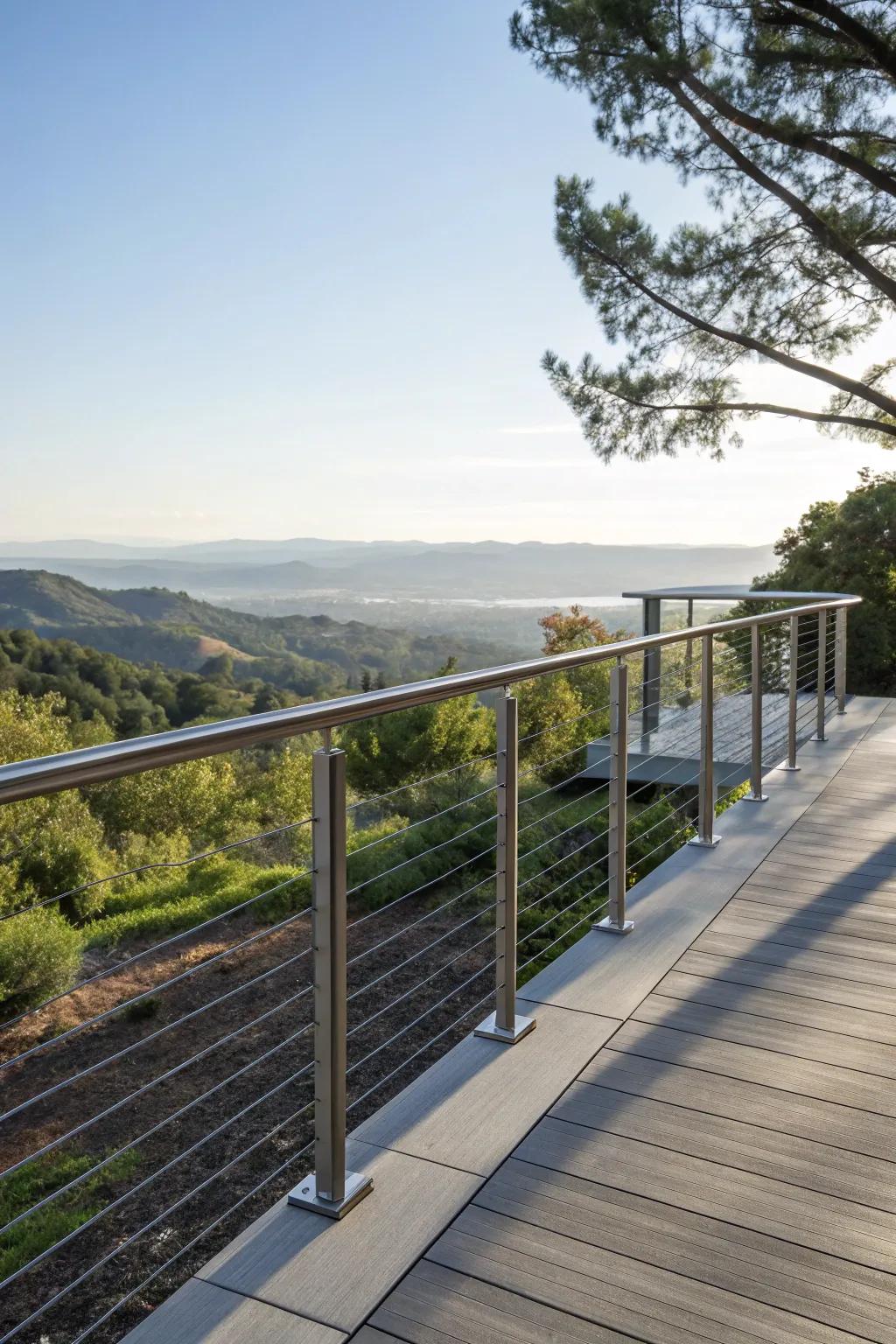 Cable railings offering uninterrupted views of the landscape.