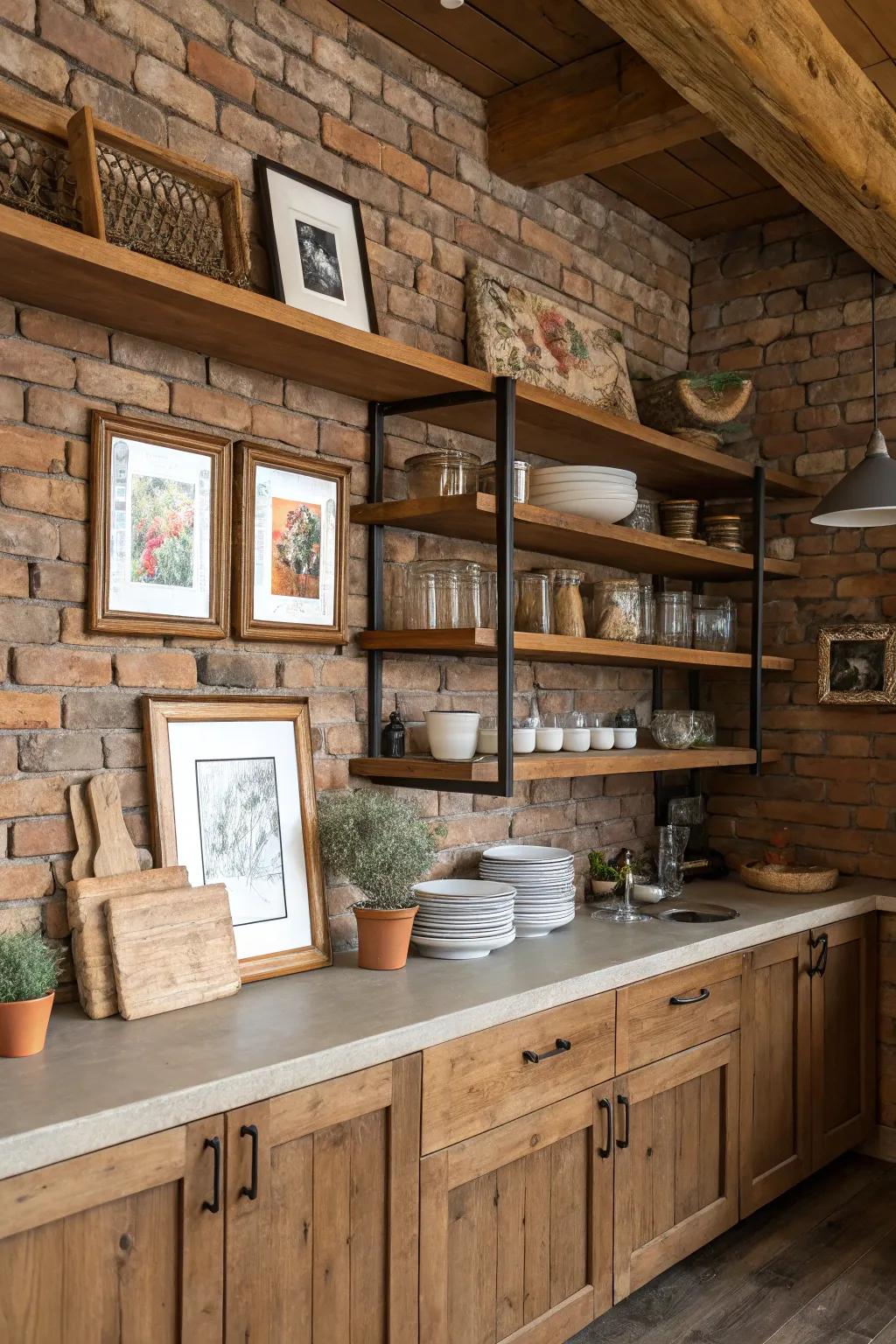 Wooden decorations add warmth to kitchen walls.