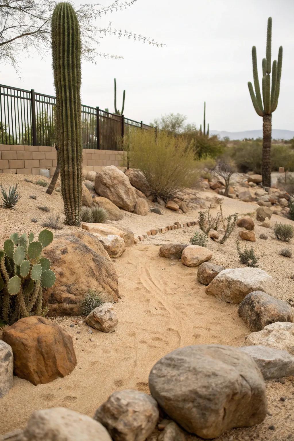 Bring the desert to your backyard with sand, boulders, and cacti.