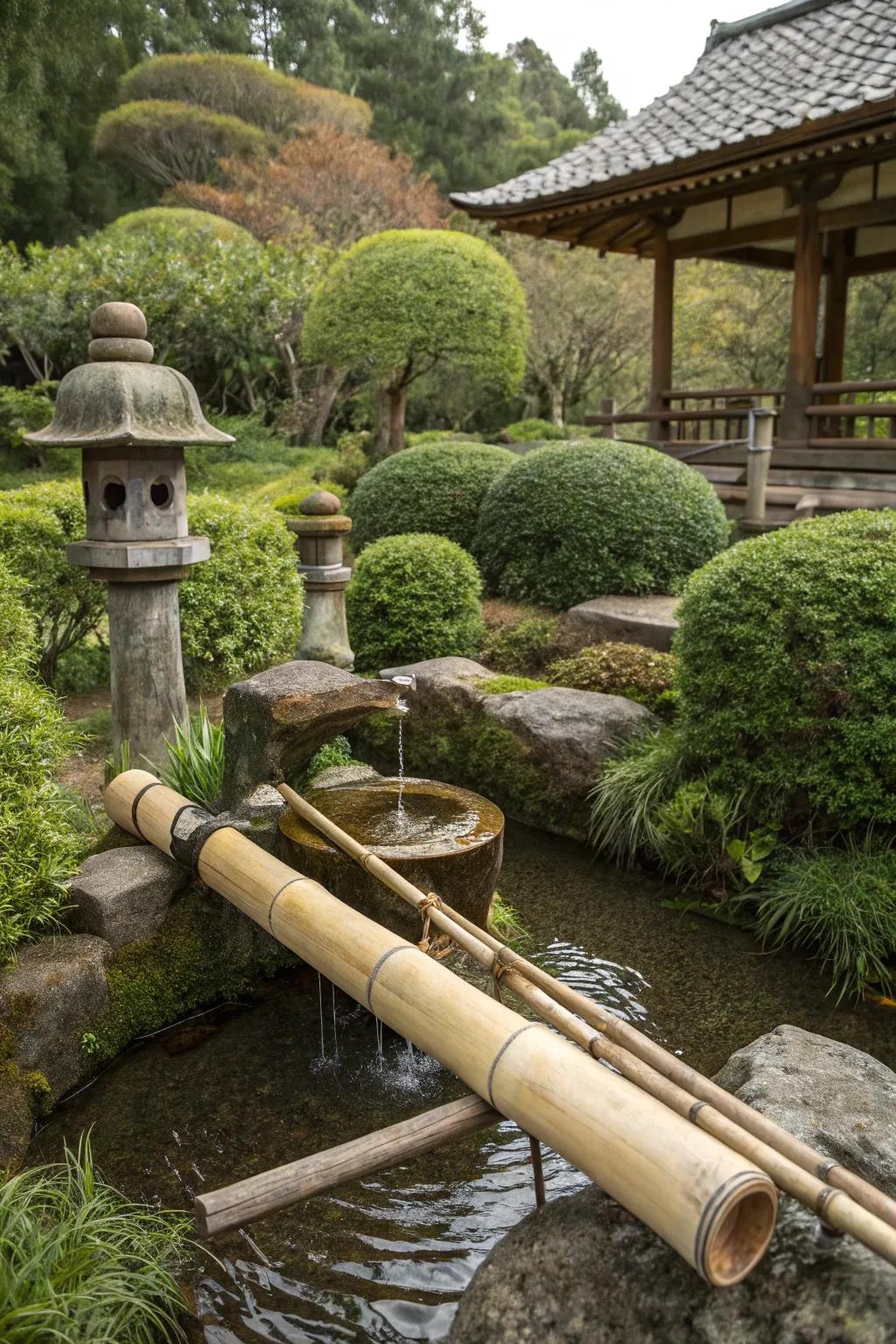 A traditional Shishi Odoshi fountain creating rhythmic sounds in a garden.