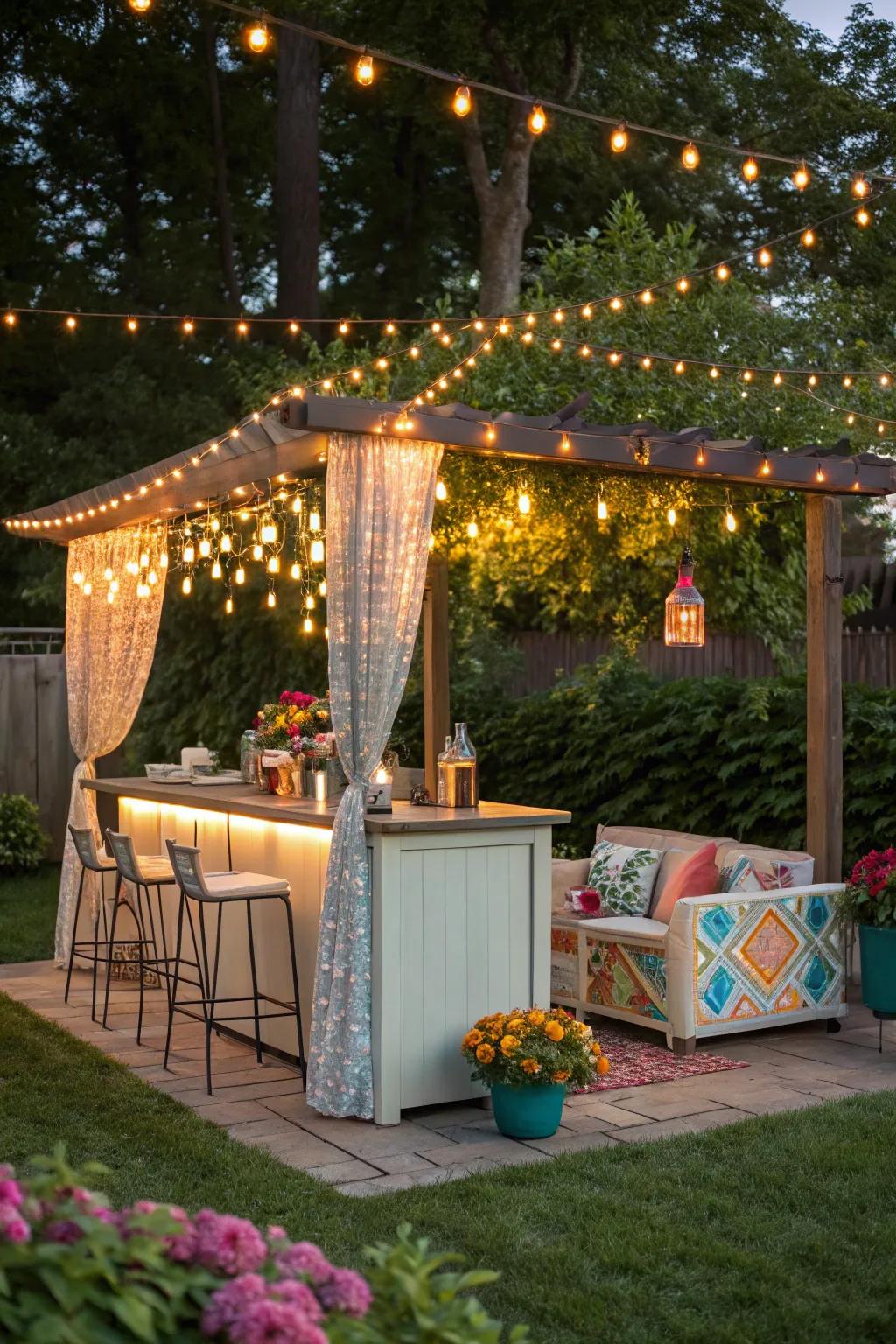 String lights create a magical atmosphere in an outdoor bar setting.