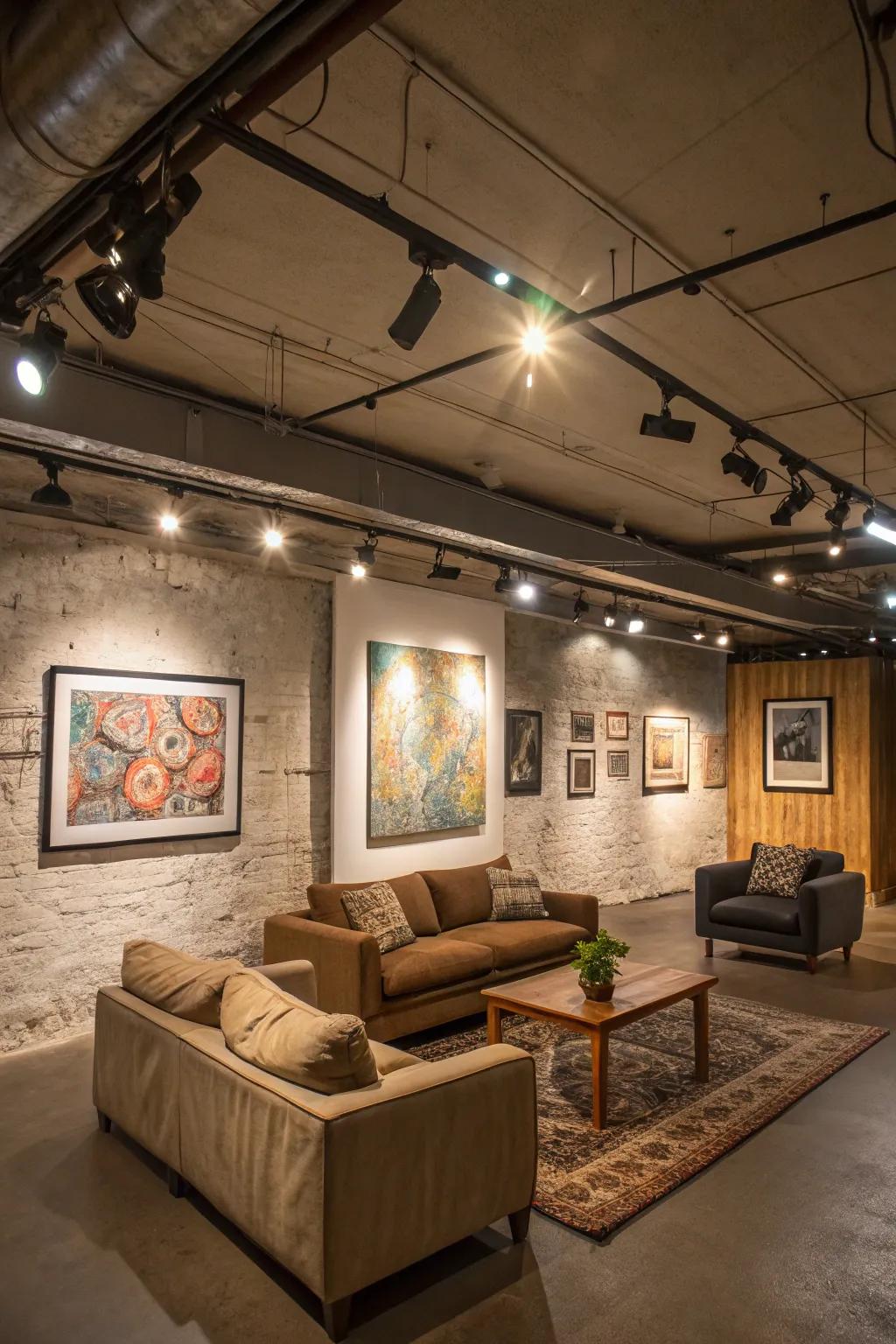 Track lighting adds versatility and focus to your basement.