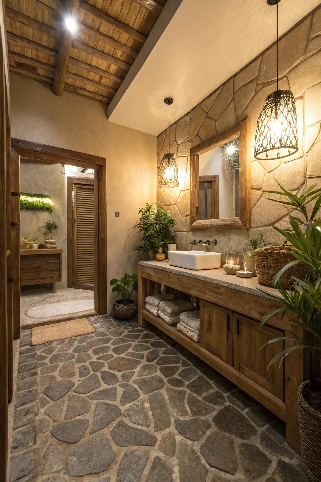 Welcome the open air with rough-hewn stone tiling.