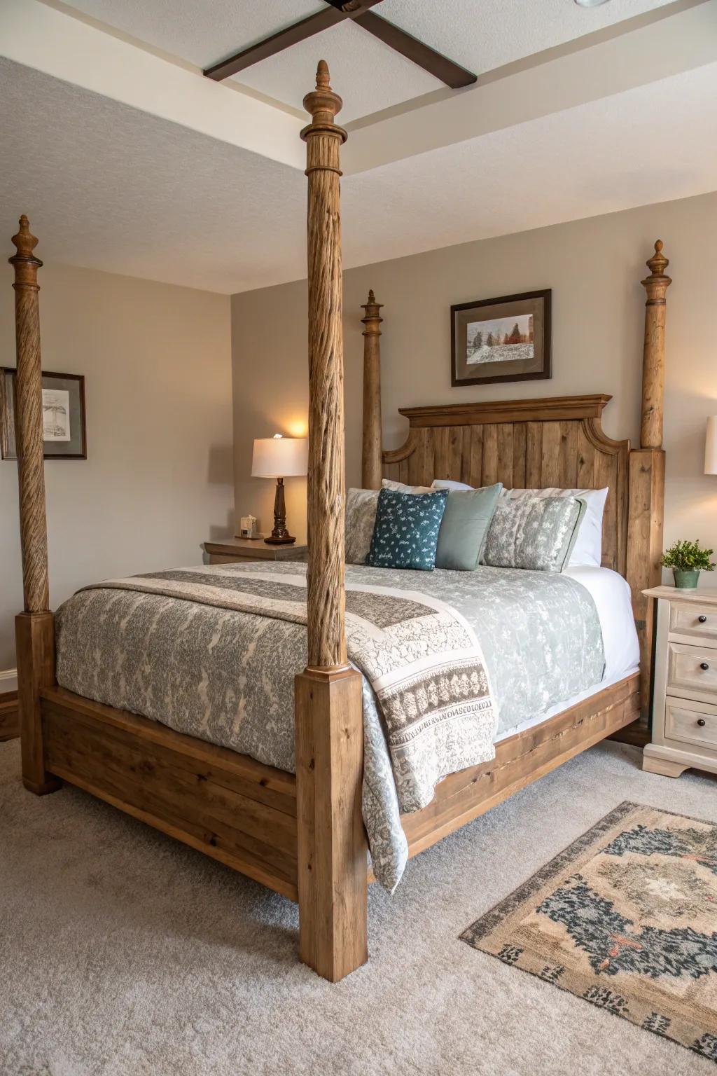 Rustic bedposts bring a touch of countryside charm to the bedroom.