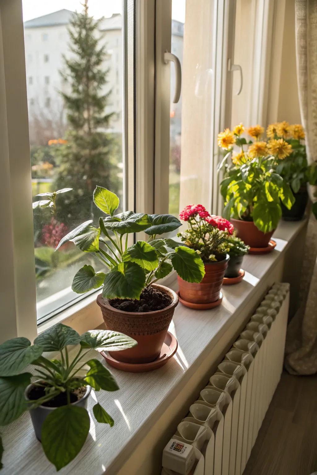 A sunny windowsill becomes a vibrant plant display.