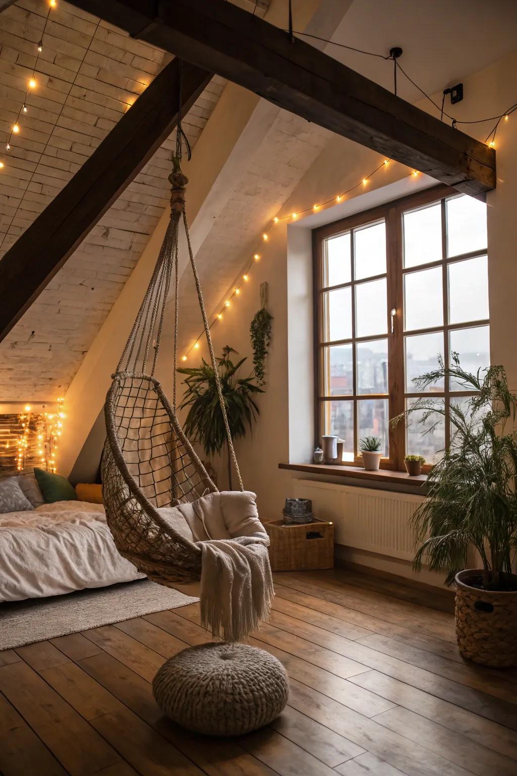 Relax in style with a hanging chair that adds charm to your loft.