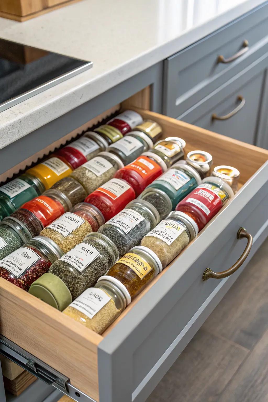 Effortless access with pull-out spice drawer organizers.