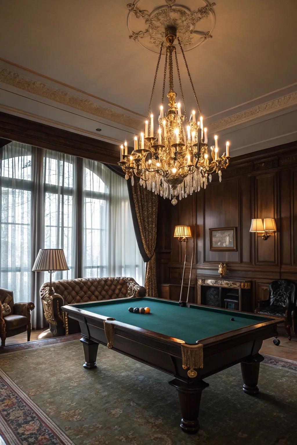 Statement lighting adds glamour to your billiard space.