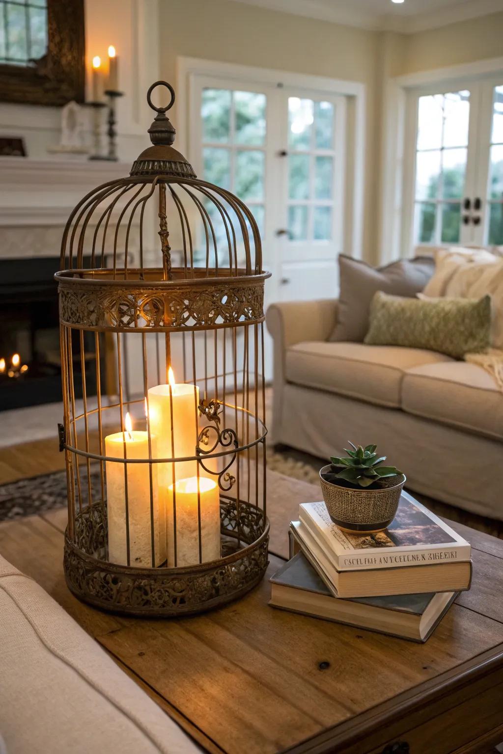 A bird cage turned into a cozy candlelit feature.