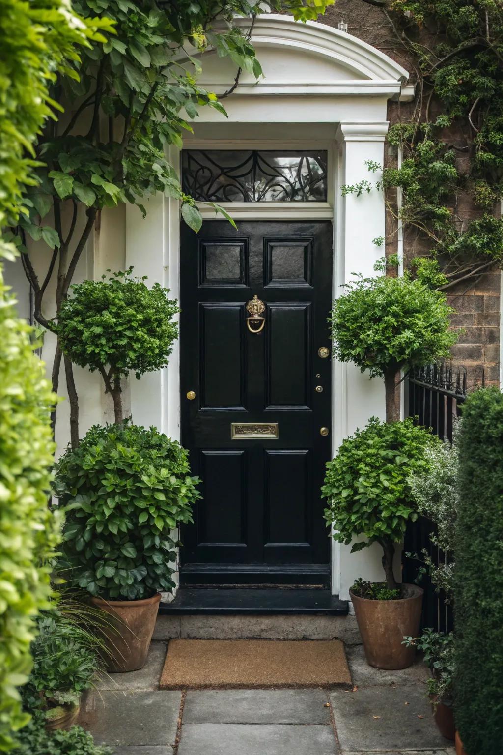 A welcoming black door complemented by vibrant greenery.