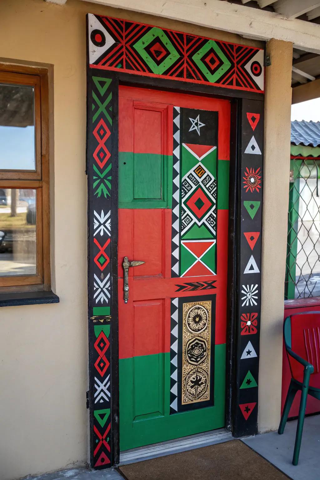 A door design using Pan-African colors and patterns to celebrate cultural heritage.