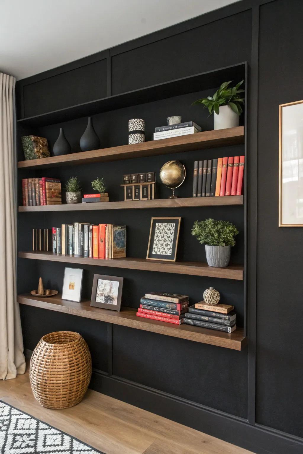 Integrated shelving on a black wall.