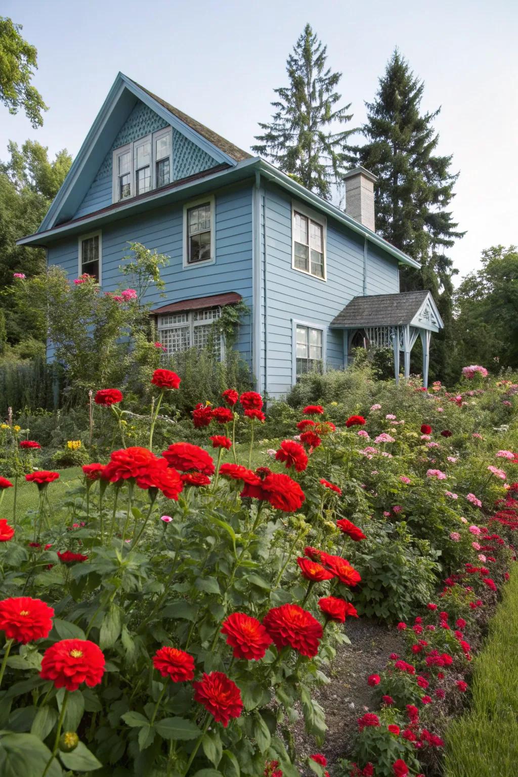 Red flowers provide a bold contrast to a blue exterior.