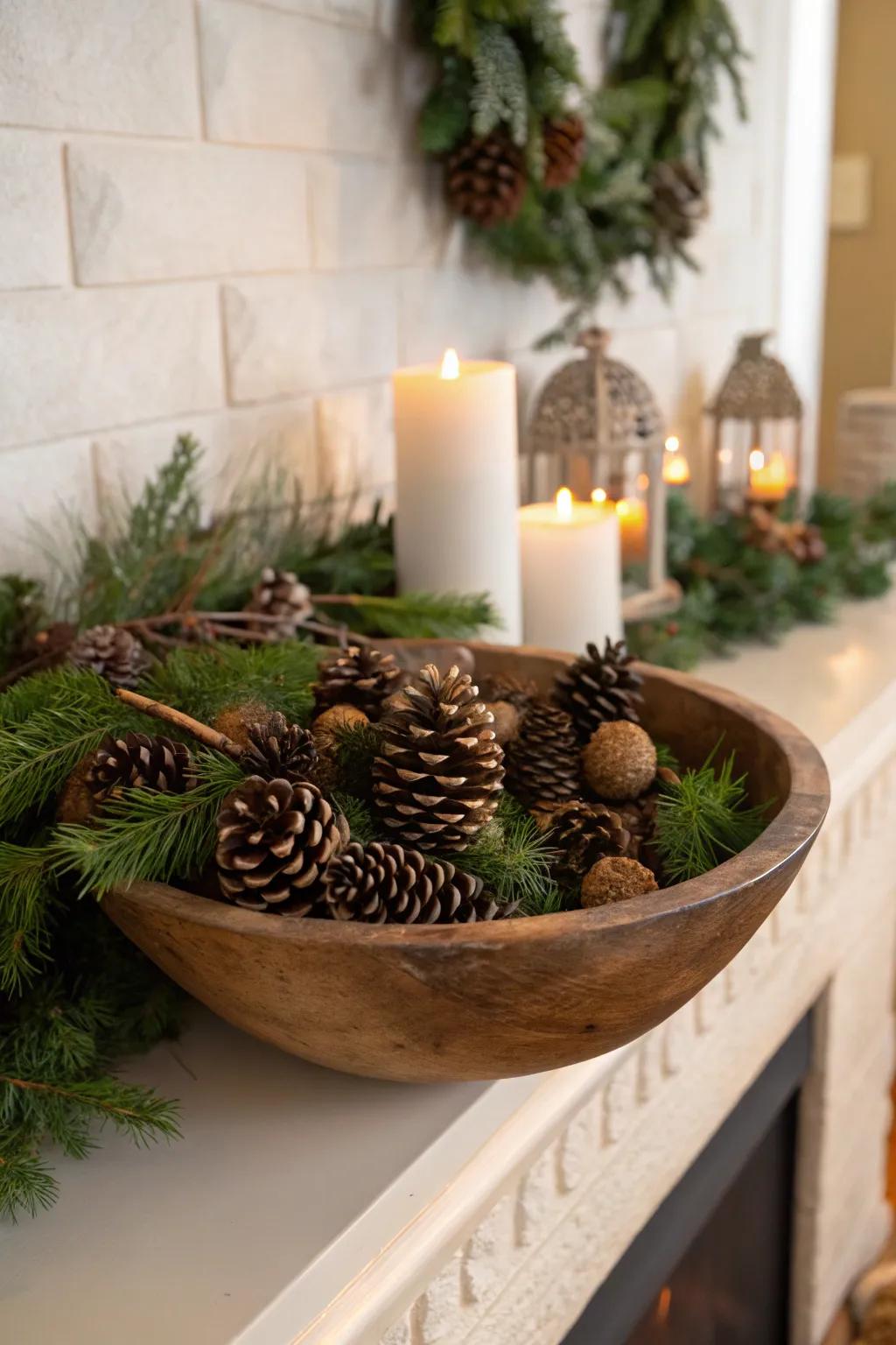 Winter warmth with pinecones and greenery