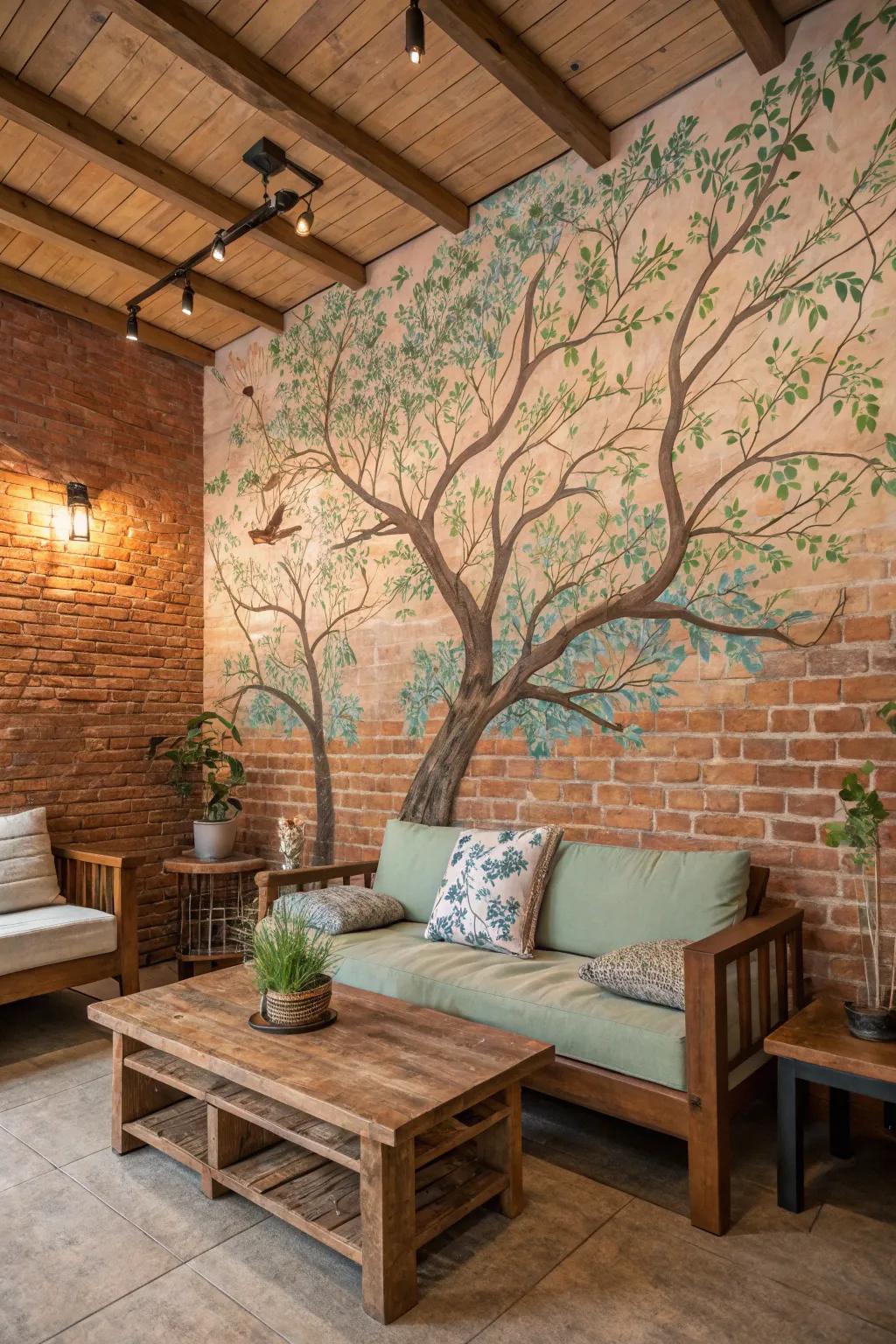 Nature-inspired mural brings tranquility to a rustic brick wall.