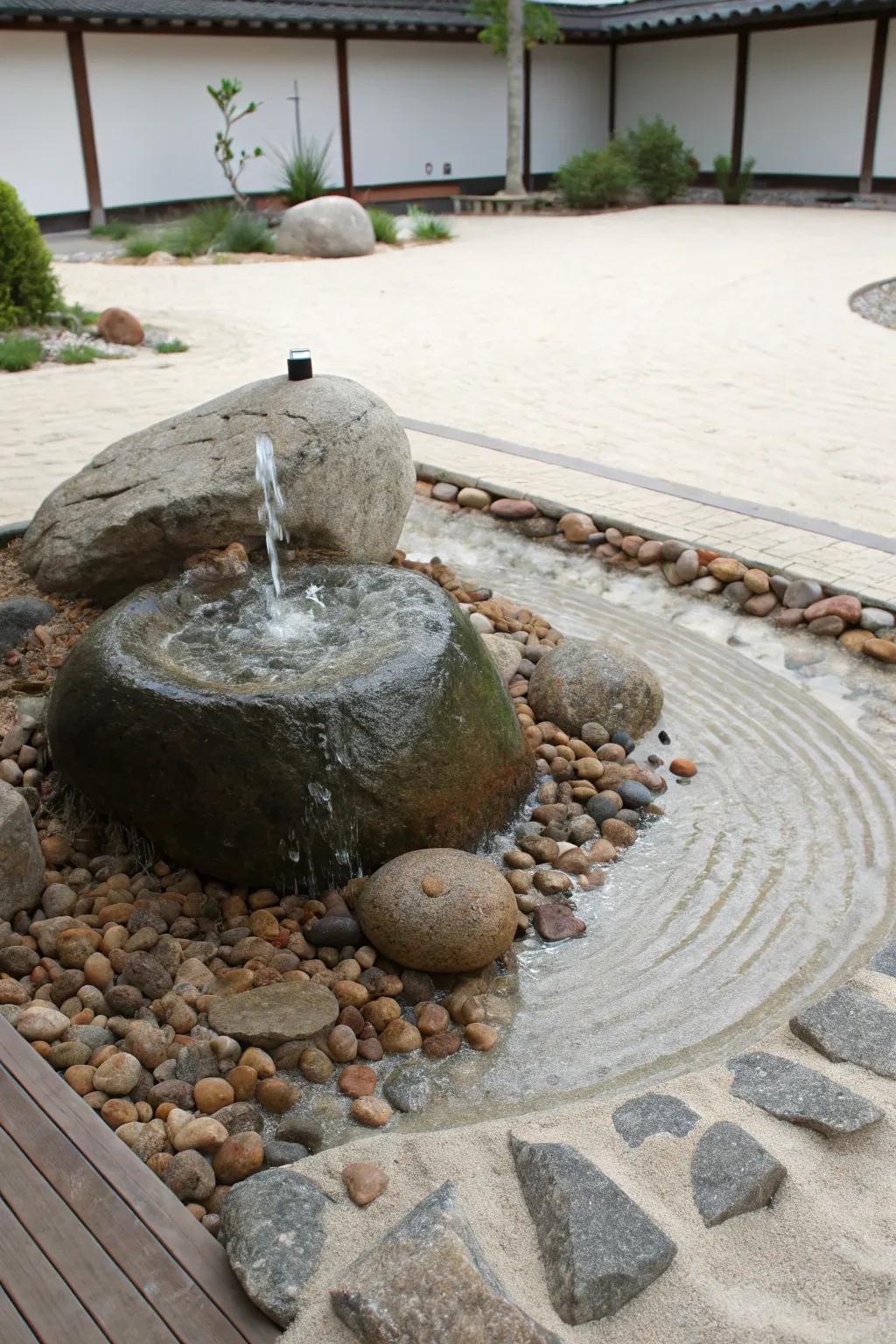 A Zen garden fountain creates a peaceful atmosphere for contemplation.