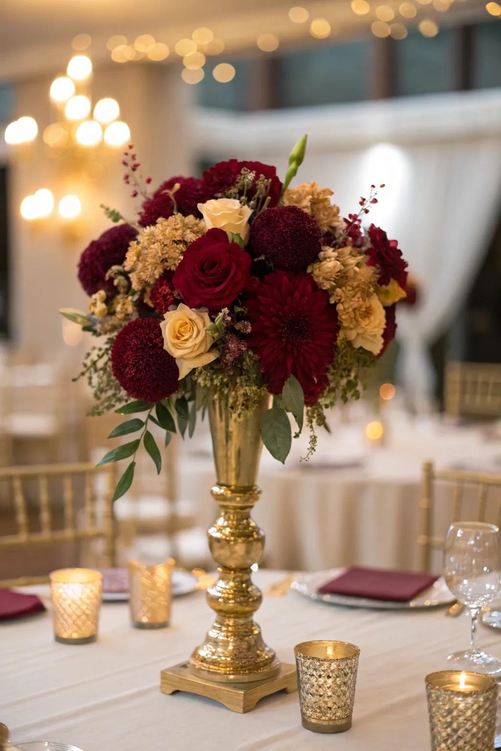 Botanical arrangements in wine and glimmer impart innate attractiveness to your occasion.