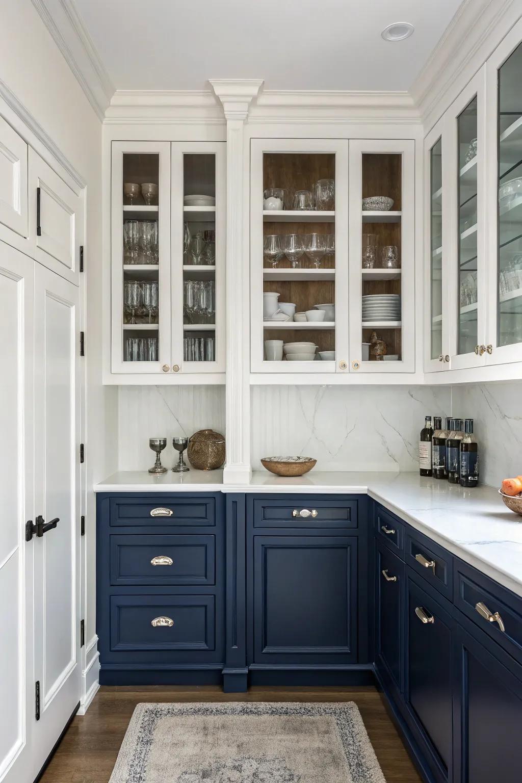 Stylish two-tone cabinets in a chic navy and white combo.