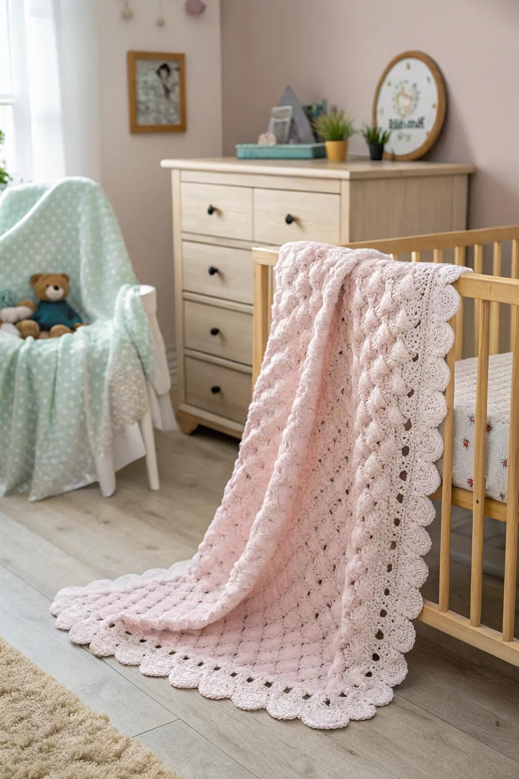 A scalloped edge adds a whimsical touch to this nursery blanket.