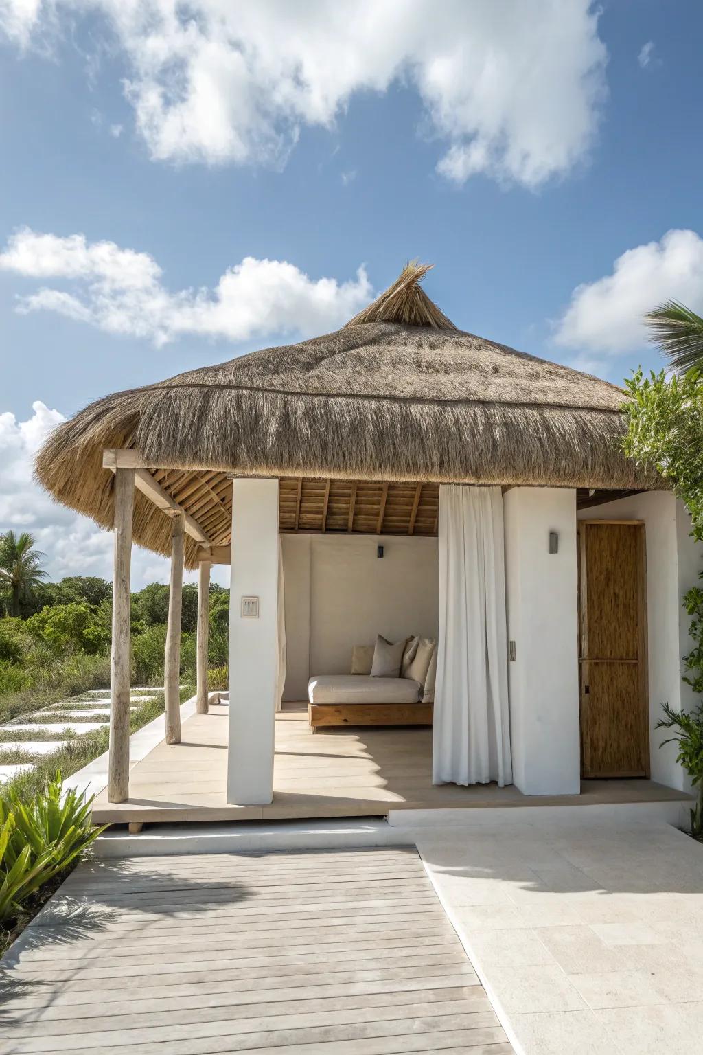 A serene, minimalist cabana featuring elegant design elements.
