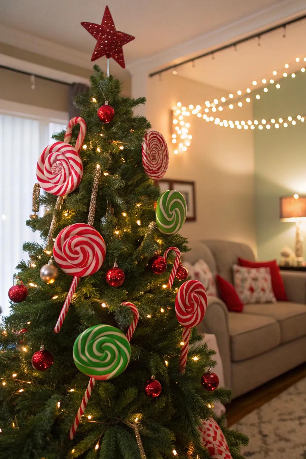 Playful exaggerated ornaments for a whimsical peppermint paradise tree.